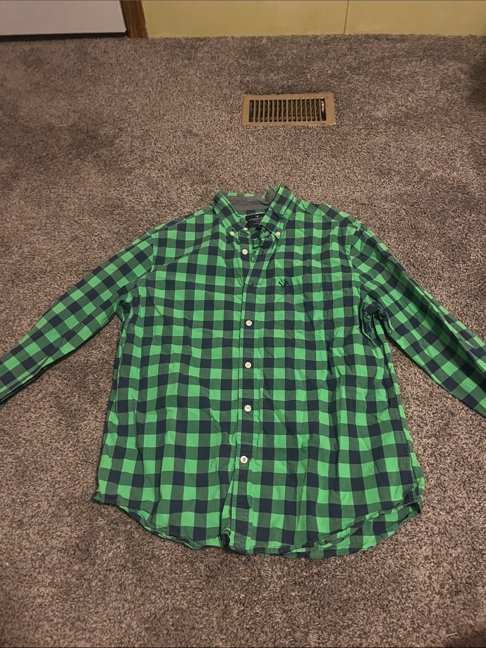 American Eagle Outfitters Green and Navy Check Button-Down Shirt